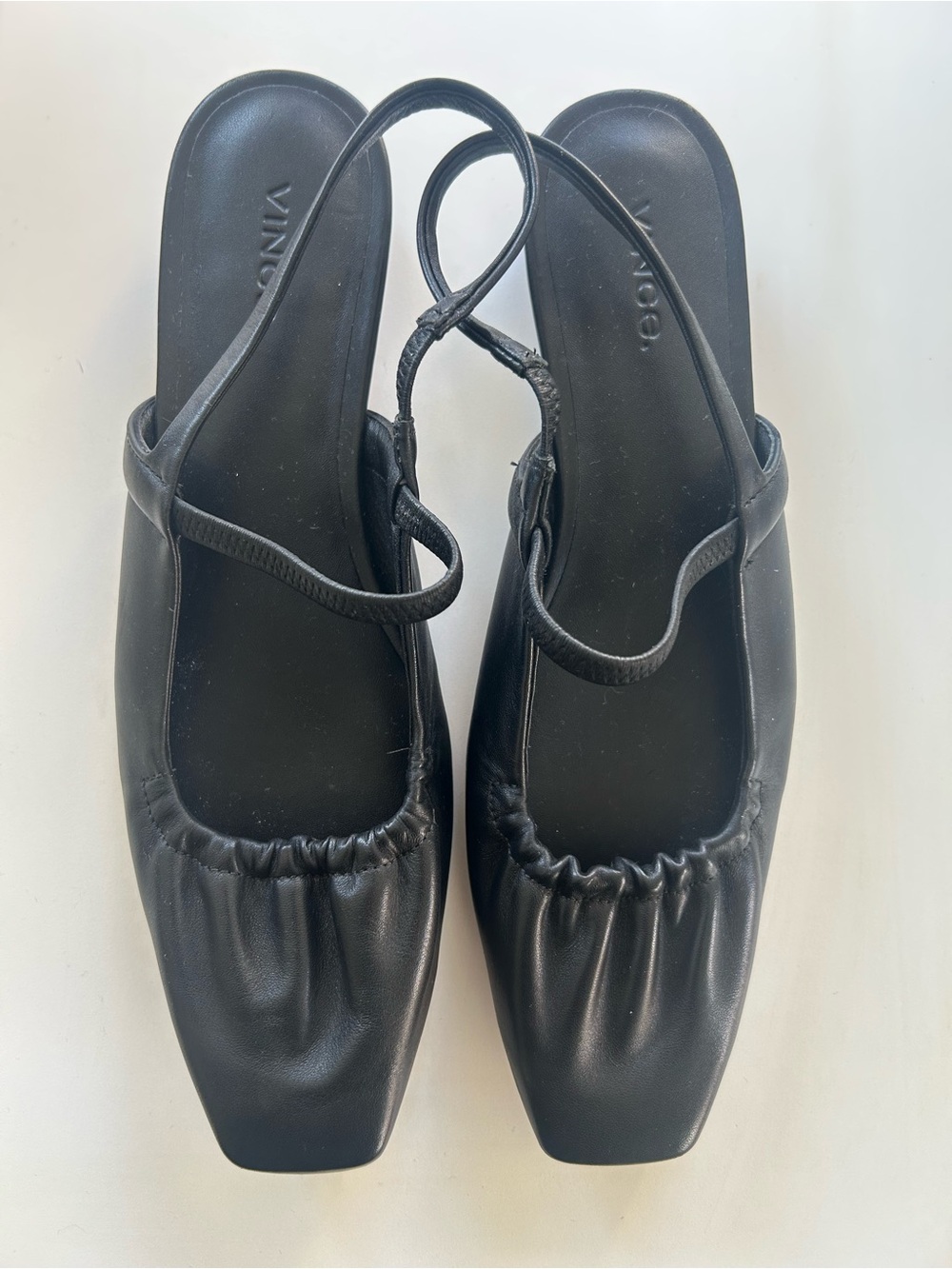 Vince Venice Leather Black Slingback Square-Toe Leather Flats.